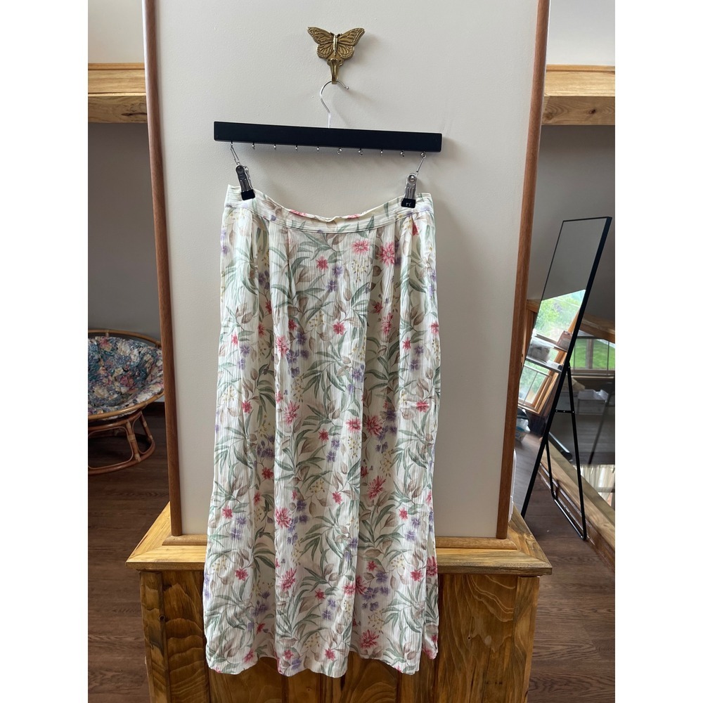 Jaclyn Smith Floral Maxi Skirt Cream Pink Rayon Crinkle Boho Medium